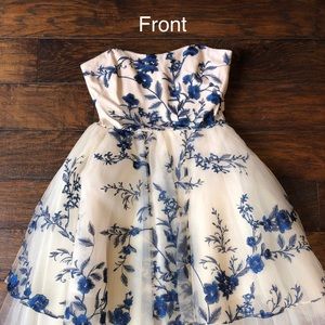 Marchesa Notte, strapless dress & custom derby hat